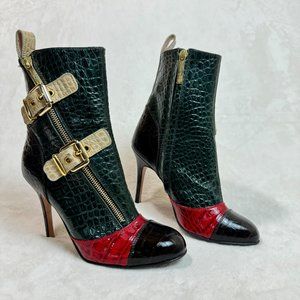 Luciano Padovan Womens Boots High Heel Shoes Red & Green Crocodile Italy Size 36